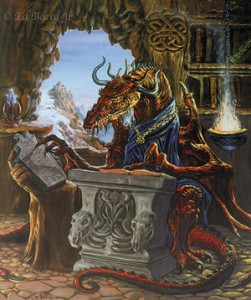 A dragon reading in his study