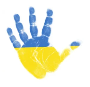 The palm of a hand painted in the colors of the Ukrainian flag
