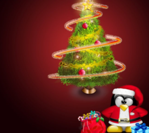 A cartoon penguin in front of a tree