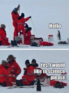 Penguin facing down a bunch of scientists at the South Pole.